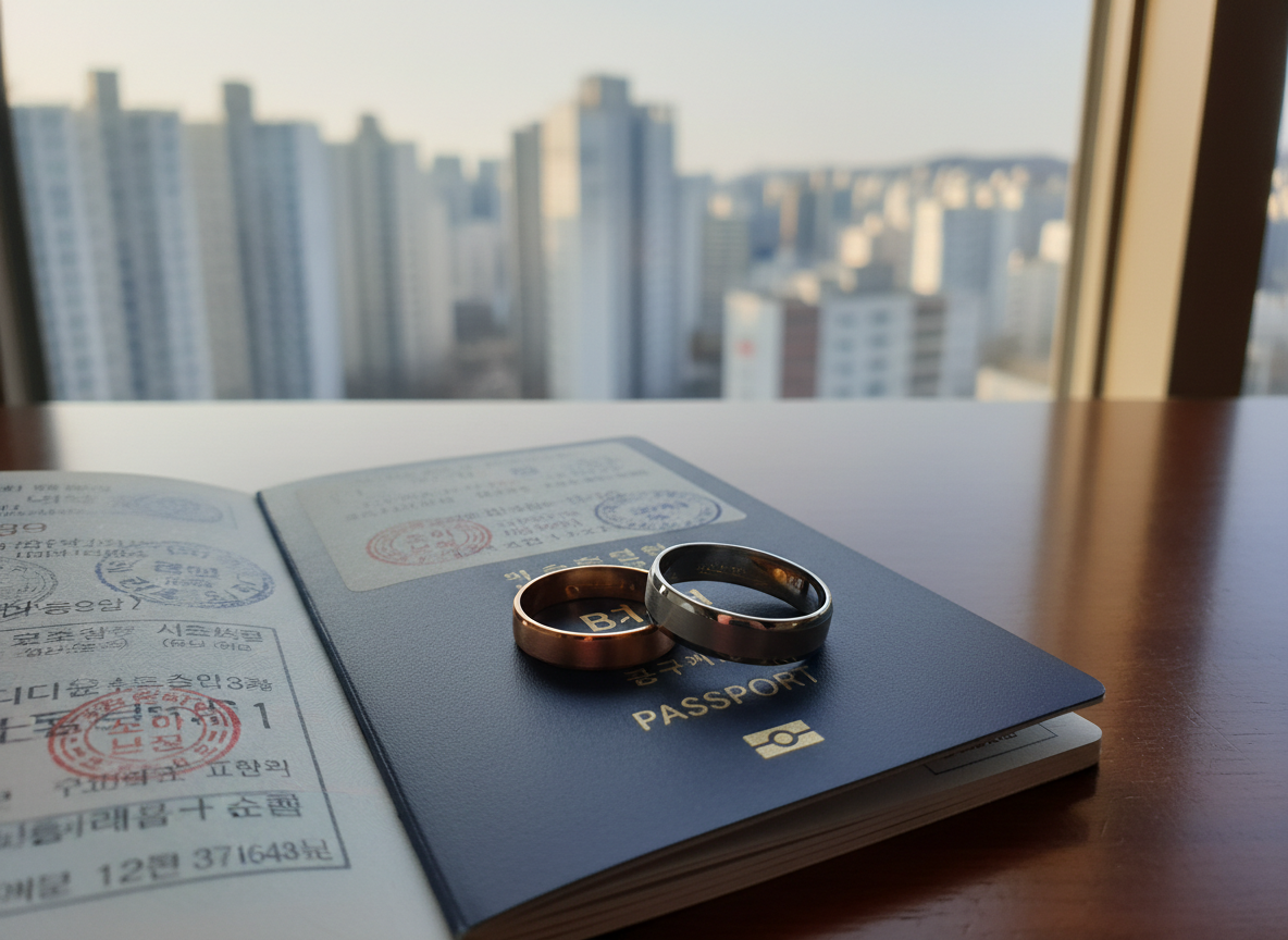 A pair of simple, elegant wedding bands—one slim rose-gold band with a soft satin finish, the other a brushed platinum ring with a beveled edge—resting on an open passport stamped with Korean entry visas. The passport lies on a dark walnut table near a large apartment window overlooking a softly blurred Seoul skyline of muted high-rises. Late afternoon natural light pours in, creating gentle reflections on the metal and long, delicate shadows across the passport pages. Photographic realism with a clean, sophisticated aesthetic, shot from a slightly elevated angle with shallow depth of field. The mood is intimate and contemplative, suggesting the quiet, everyday reality of married life abroad without showing any people.
